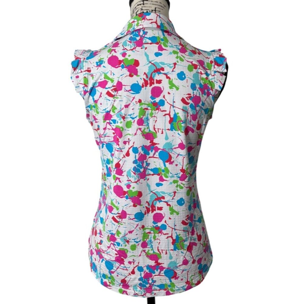 IBKUL Womens Size S Top  1/4 Zip Ruffle-Cap-Sleeve Pink Blue White Splatter UPF - Picture 3 of 8